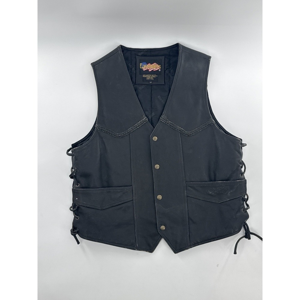 Easy Riders BLACK LEATHER VEST WITH TIE SIDES SIZE MEN'S Large Button Up